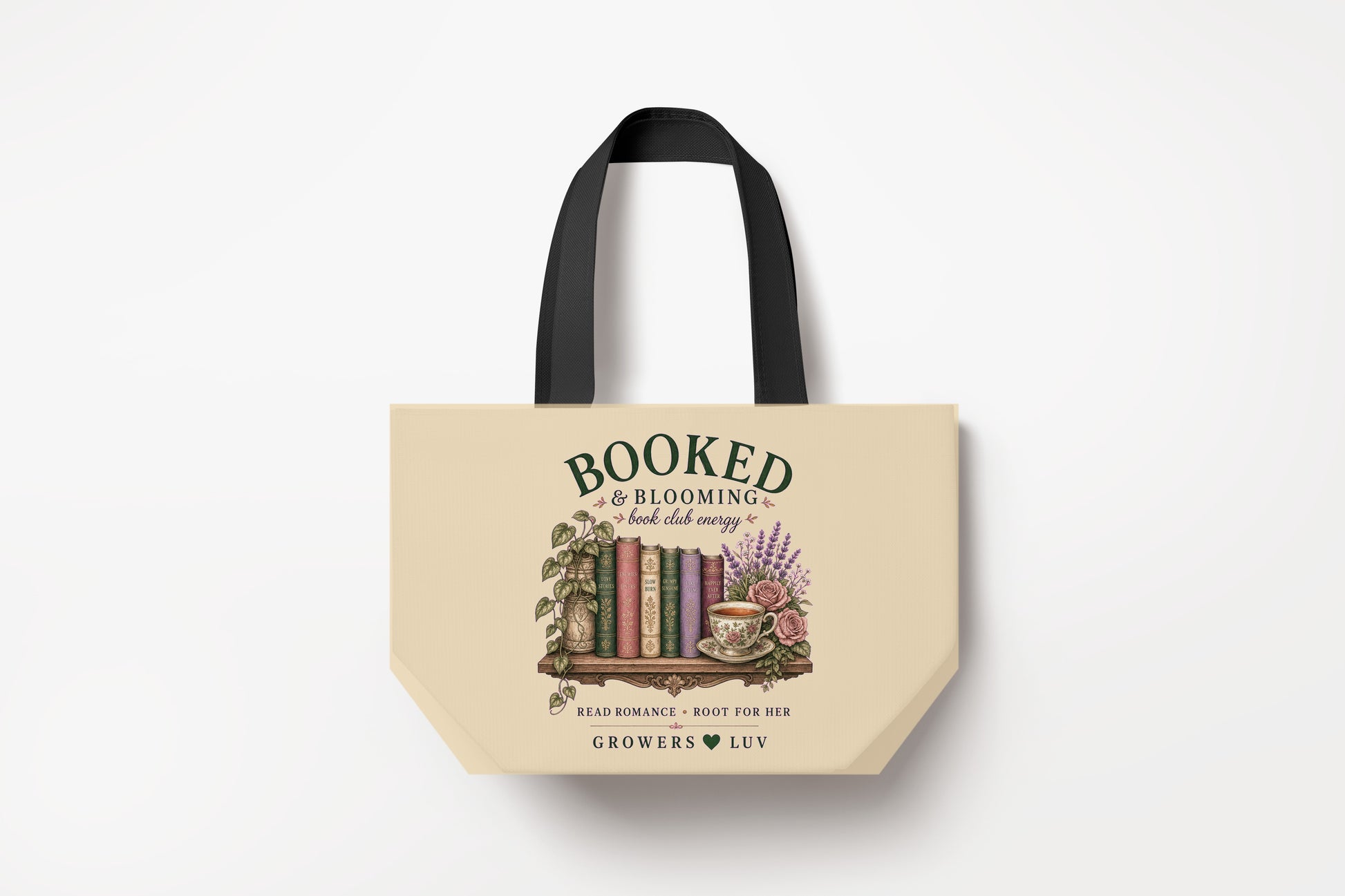 Booked And Blooming Large Natural Tote Bag product mockup on natural tote bag