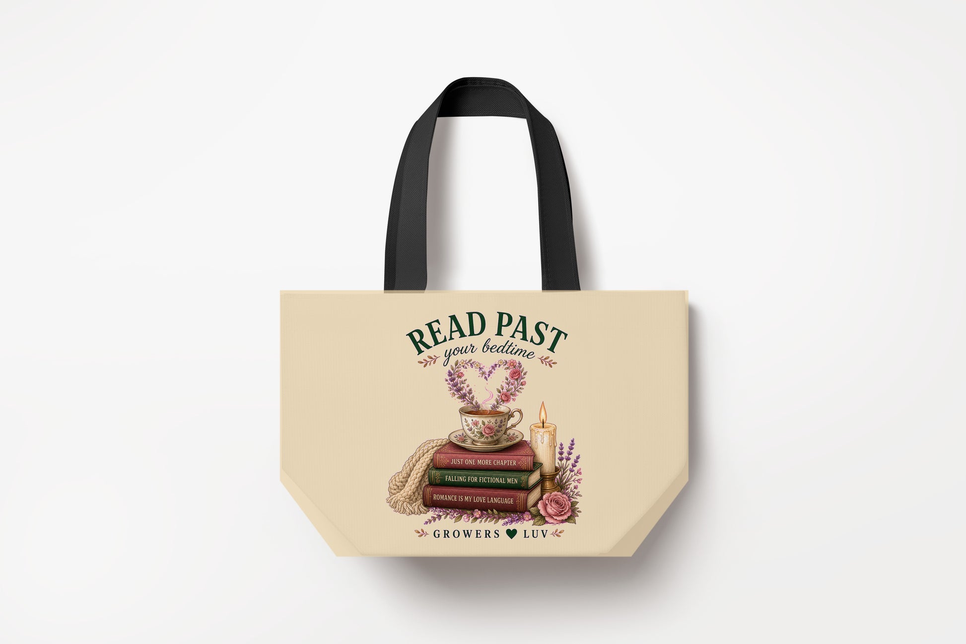 Read Past Your Bedtime Large Natural Tote Bag product mockup on natural tote bag