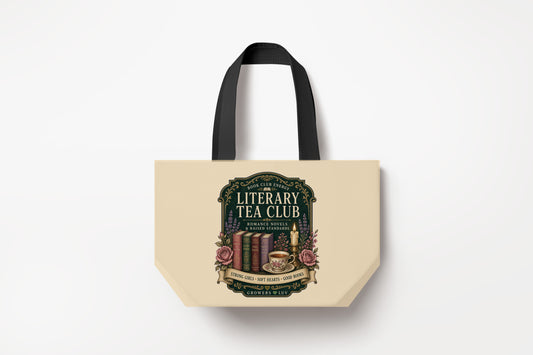 Literary Tea Club Large Natural Tote Bag product mockup on natural tote bag