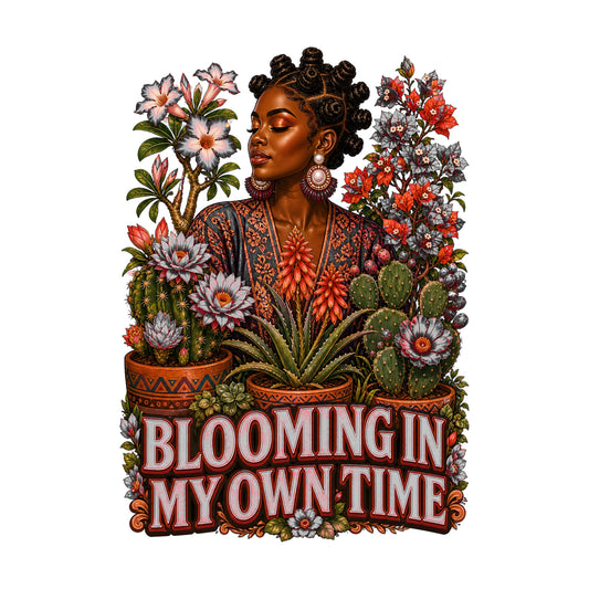 Blooming in My Own Time Women's Plant Lover Graphic Tee artwork detail