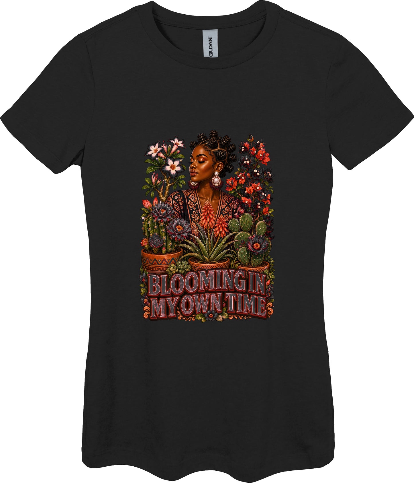 Blooming in My Own Time Women's Plant Lover Graphic Tee in Black