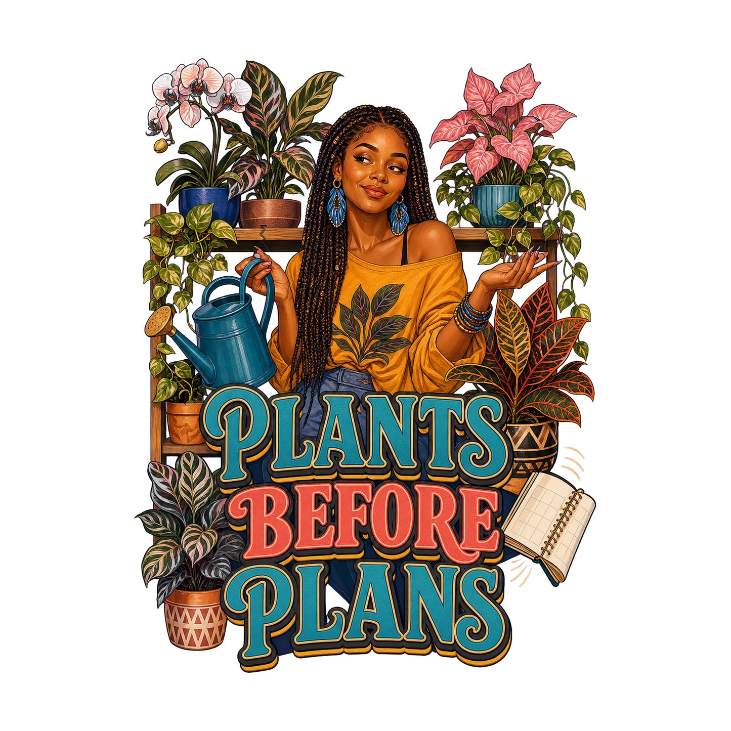 Plants Before Plans Women's Plant Lover Graphic Tee artwork detail