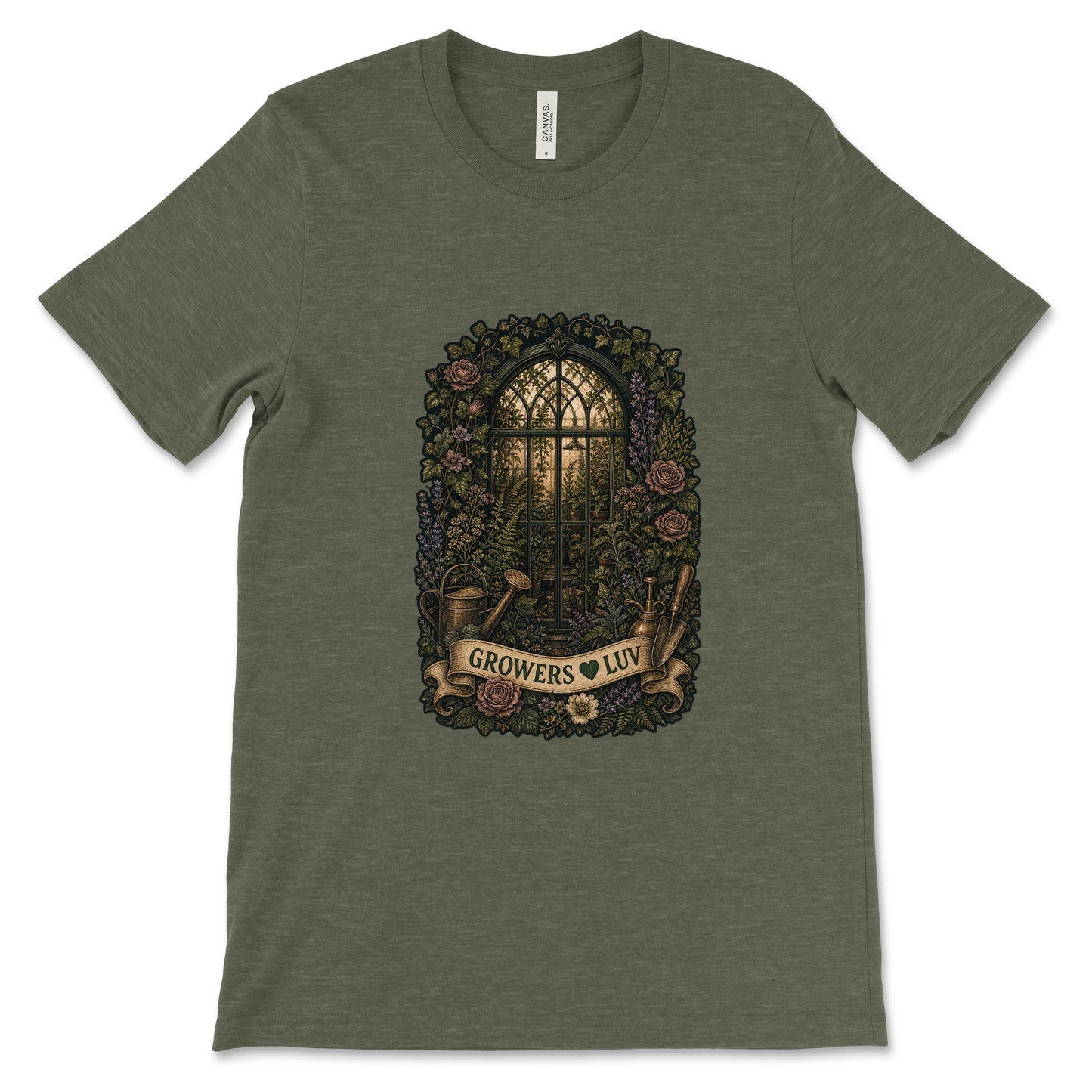 Greenhouse Garden Women's Bella Canvas Graphic Tee in Heather Military Green