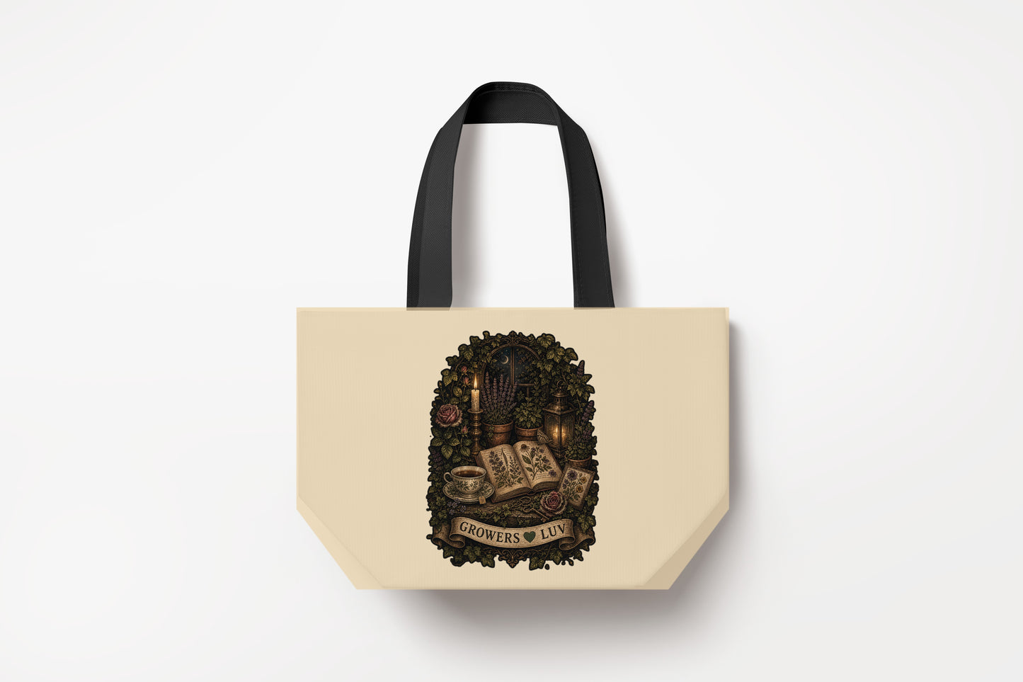 Candlelit Book Garden Large Natural Tote Bag product mockup on natural tote bag