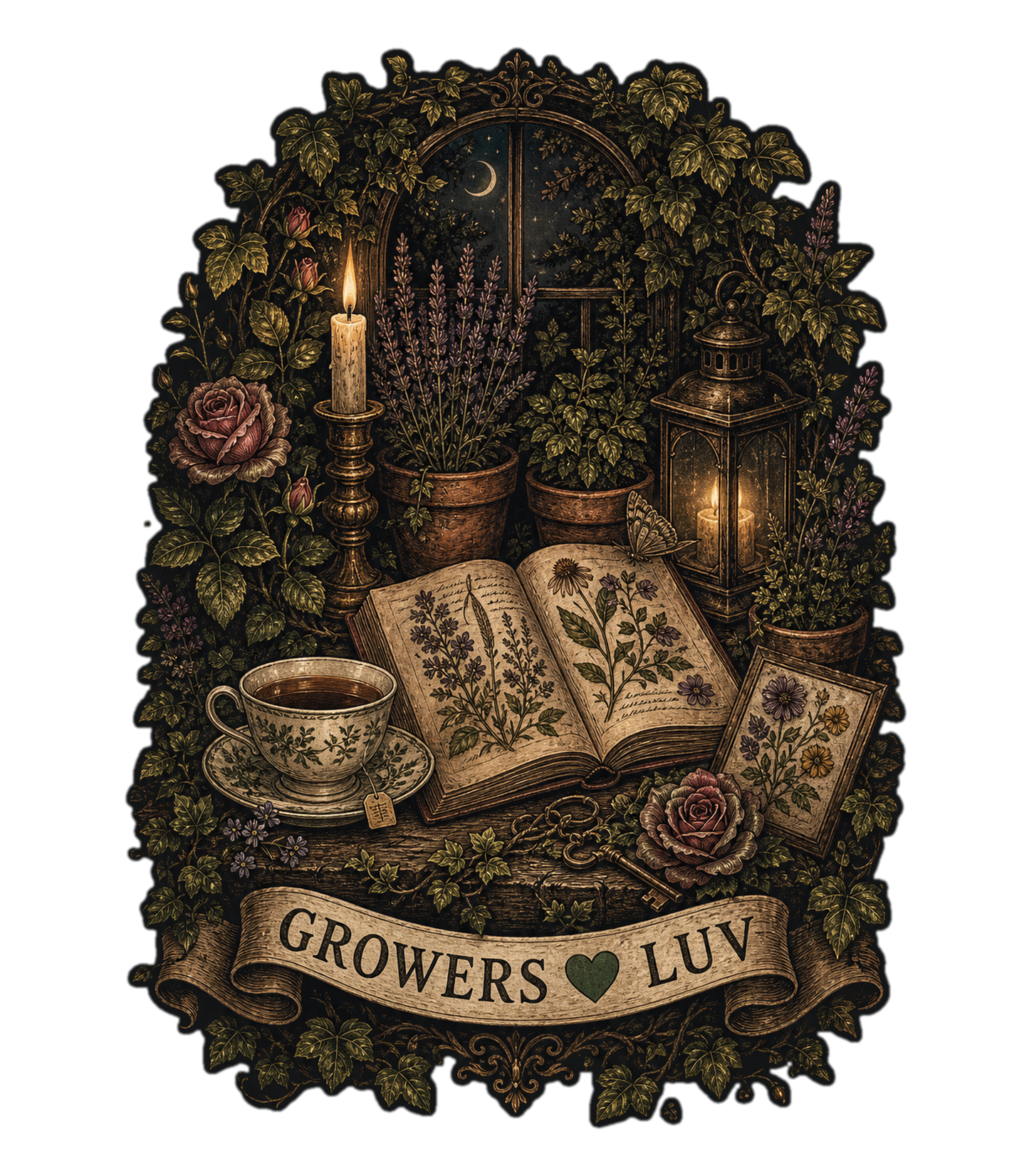 Candlelit Book Garden Women's Bella Canvas Graphic Tee artwork detail