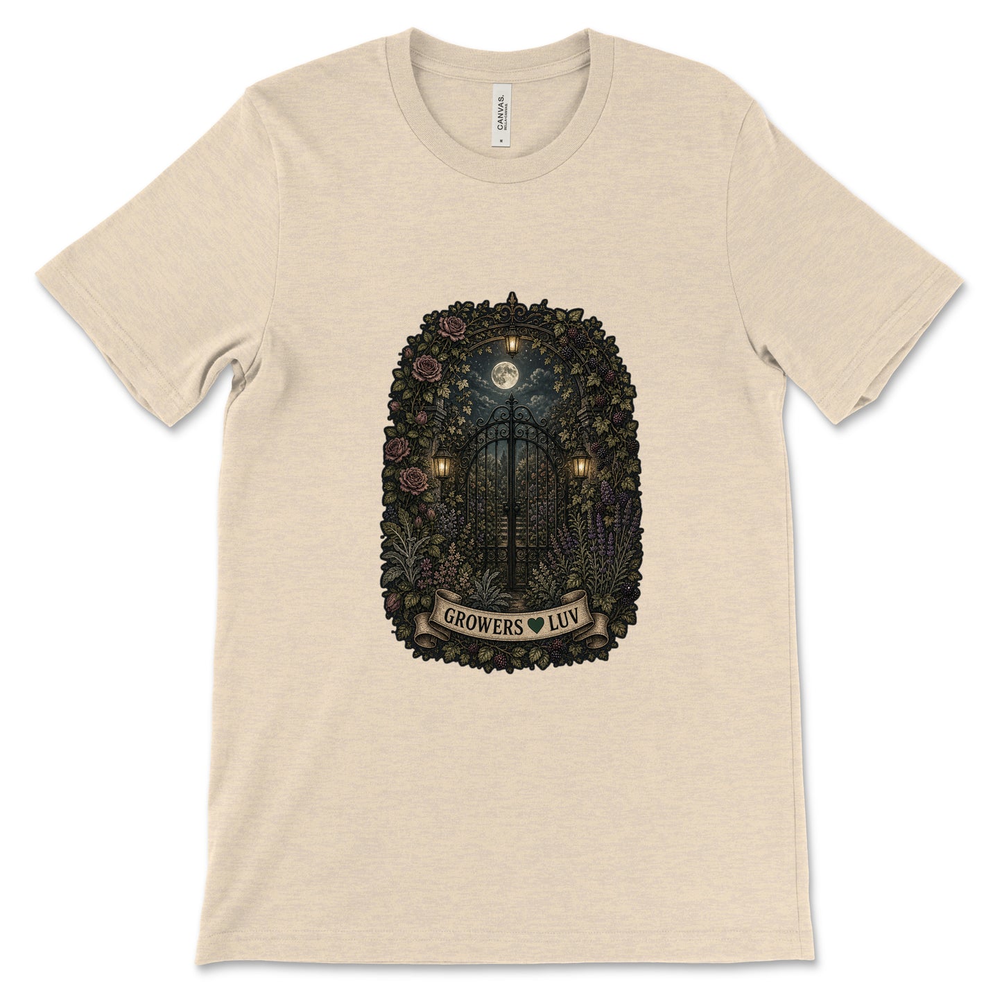 Moonlit Garden Gate Women's Bella Canvas Graphic Tee in Heather Dust