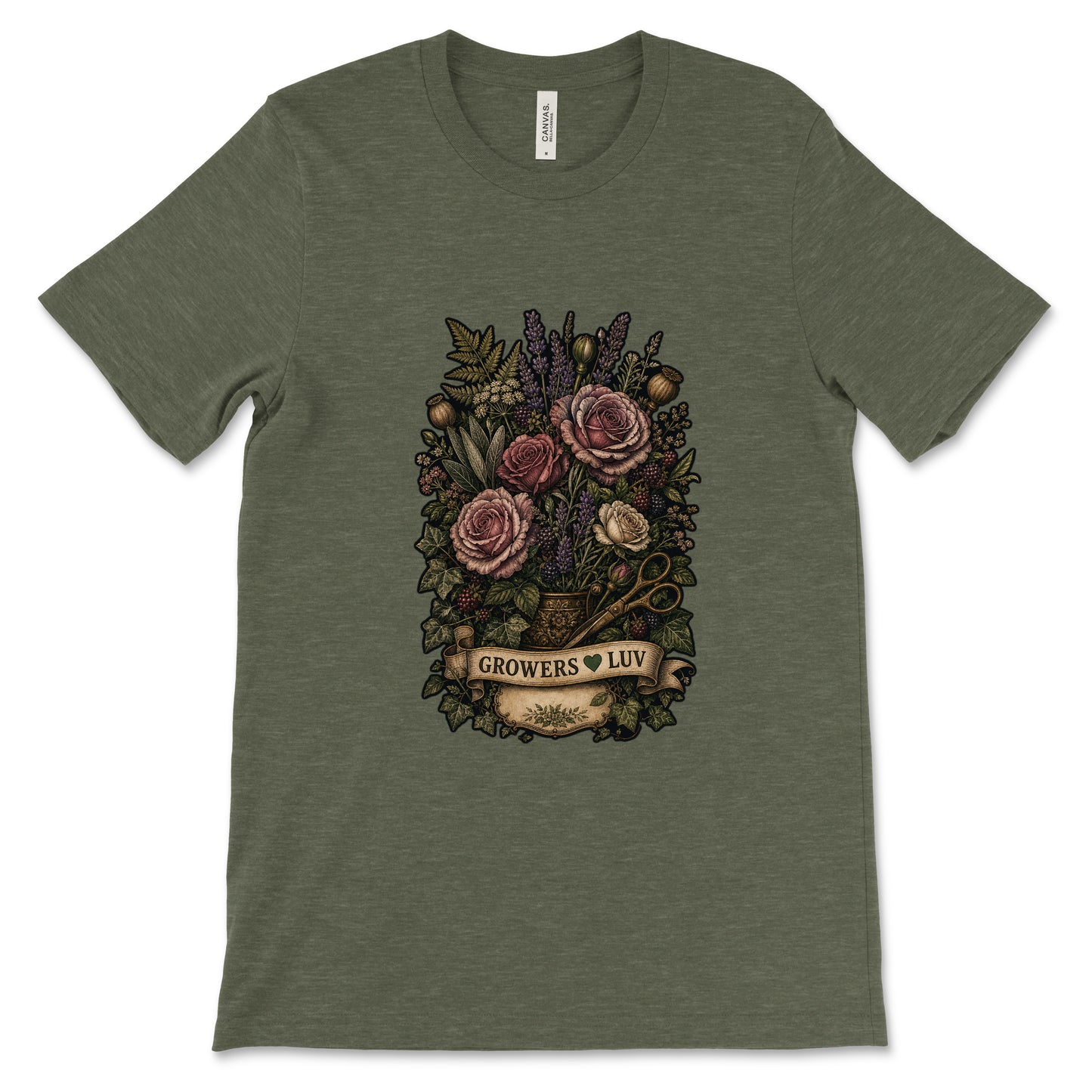 Dark Floral Bouquet Women's Bella Canvas Graphic Tee in Heather Military Green