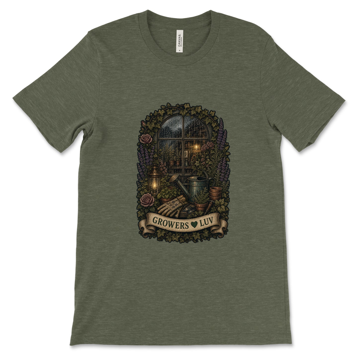 Rainy Potting Window Women's Bella Canvas Graphic Tee in Heather Military Green
