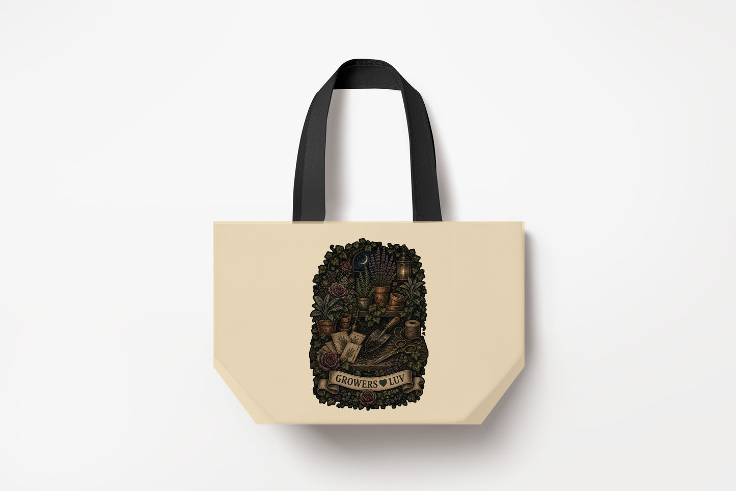 Midnight Potting Bench Large Natural Tote Bag product mockup on natural tote bag