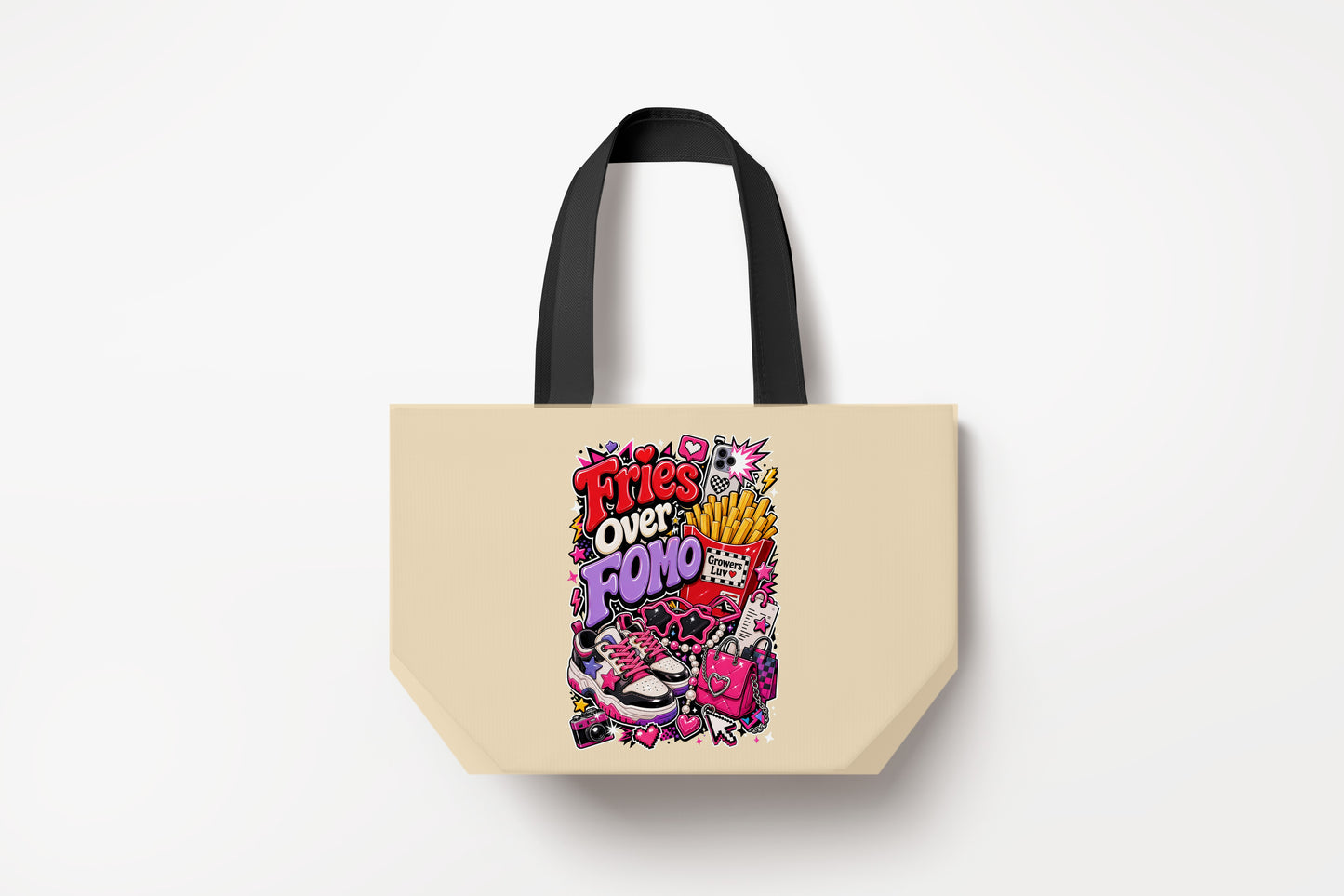 Fries Over Fomo Large Natural Tote Bag product mockup on natural tote bag