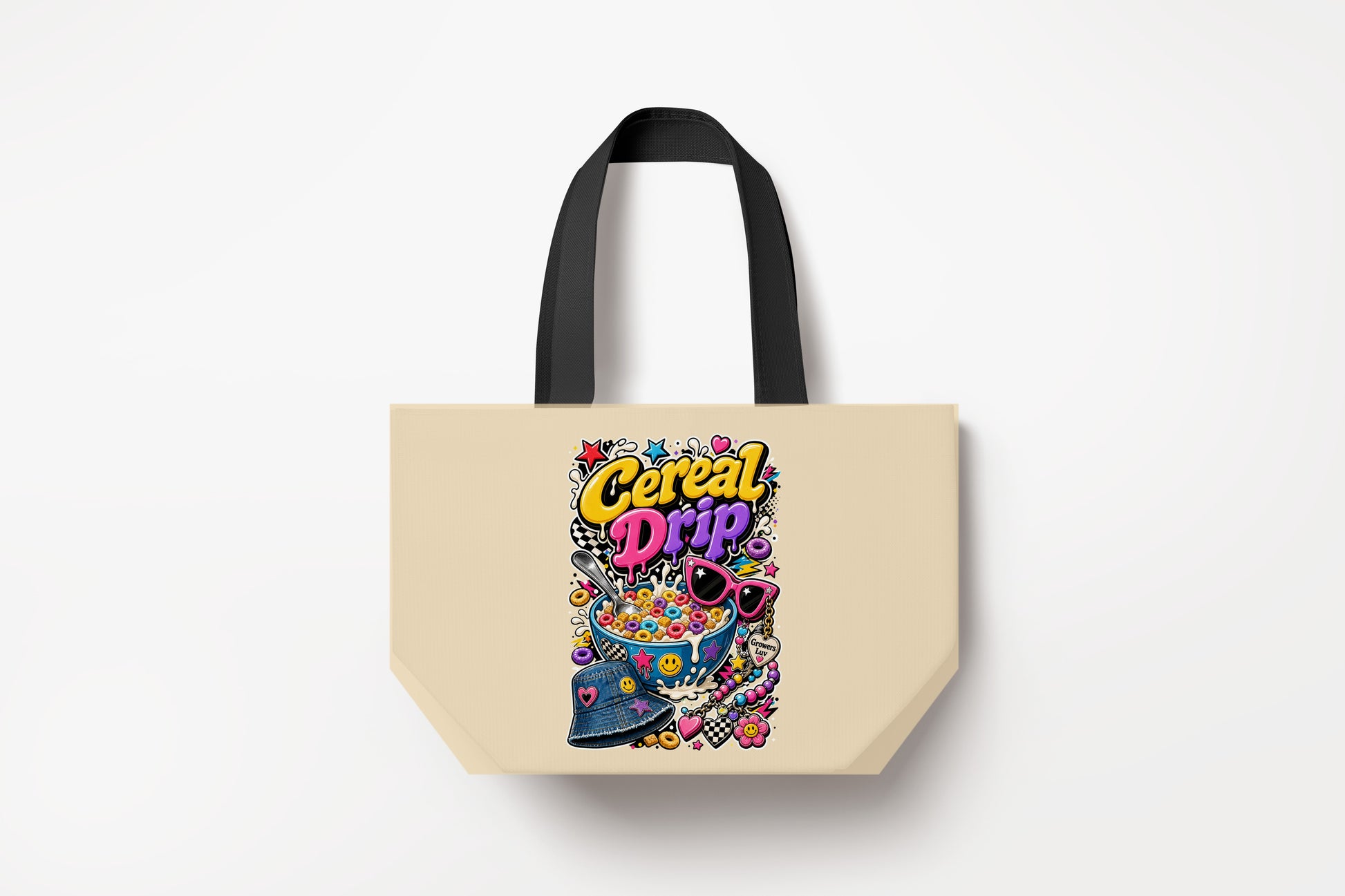 Cereal Drip Large Natural Tote Bag product mockup on natural tote bag