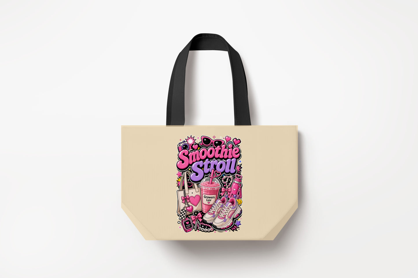Smoothie Stroll Large Natural Tote Bag product mockup on natural tote bag