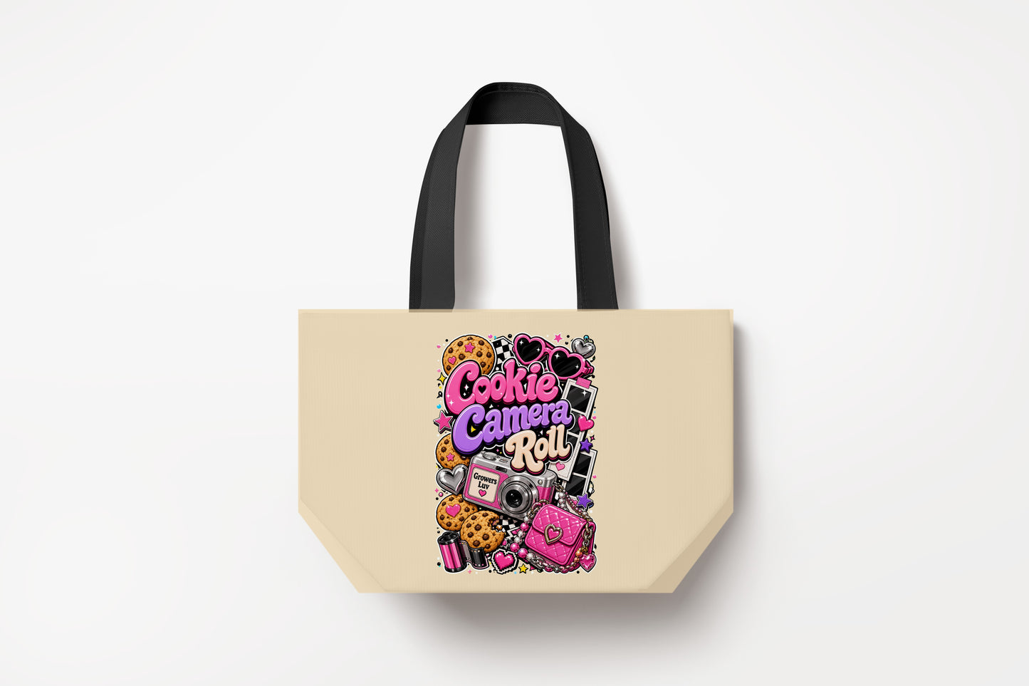 Cookie Camera Roll Large Natural Tote Bag product mockup on natural tote bag