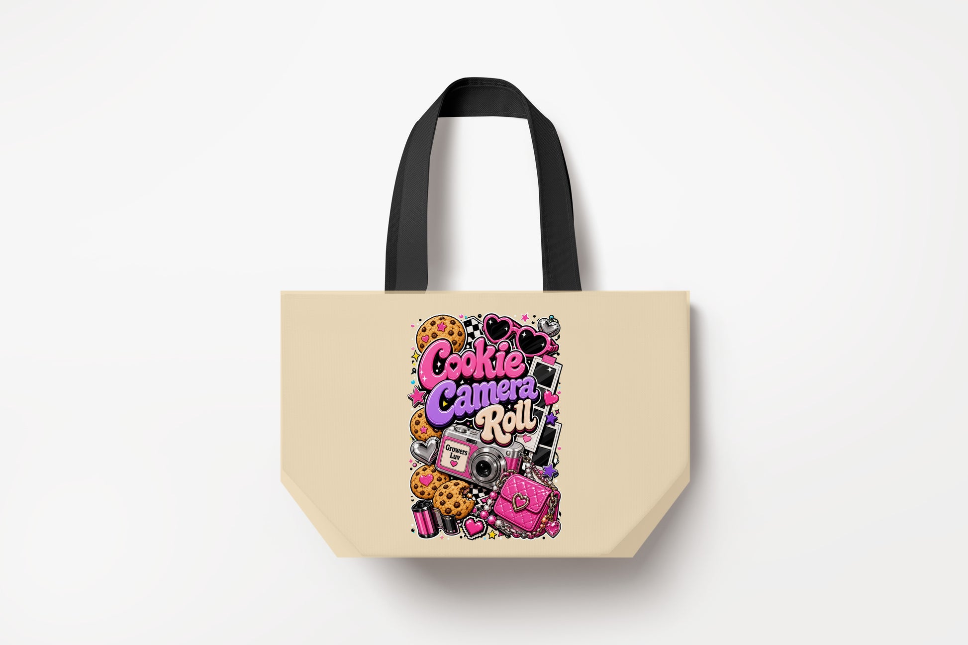 Cookie Camera Roll Large Natural Tote Bag product mockup on natural tote bag