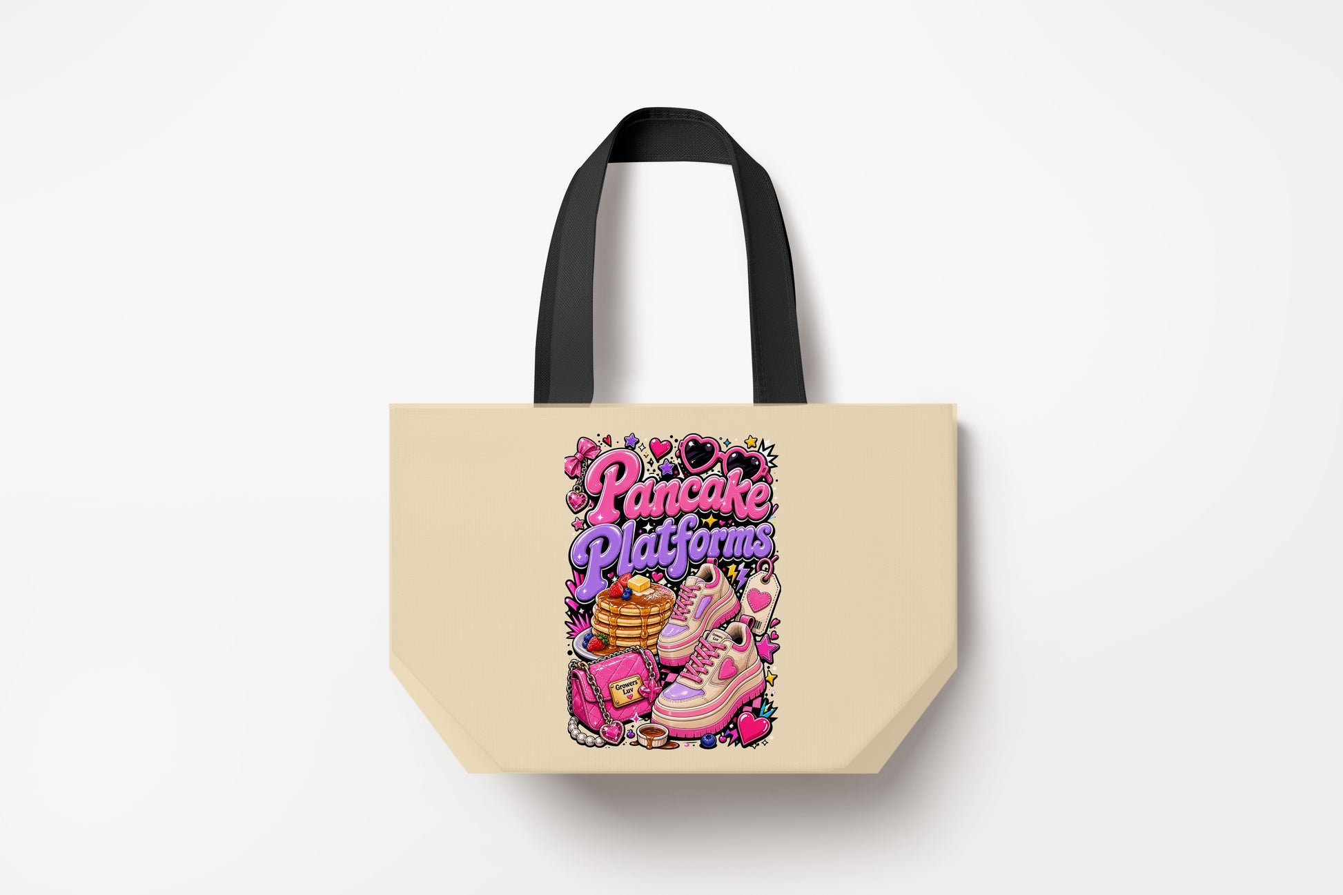 Pancake Platforms Large Natural Tote Bag product mockup on natural tote bag