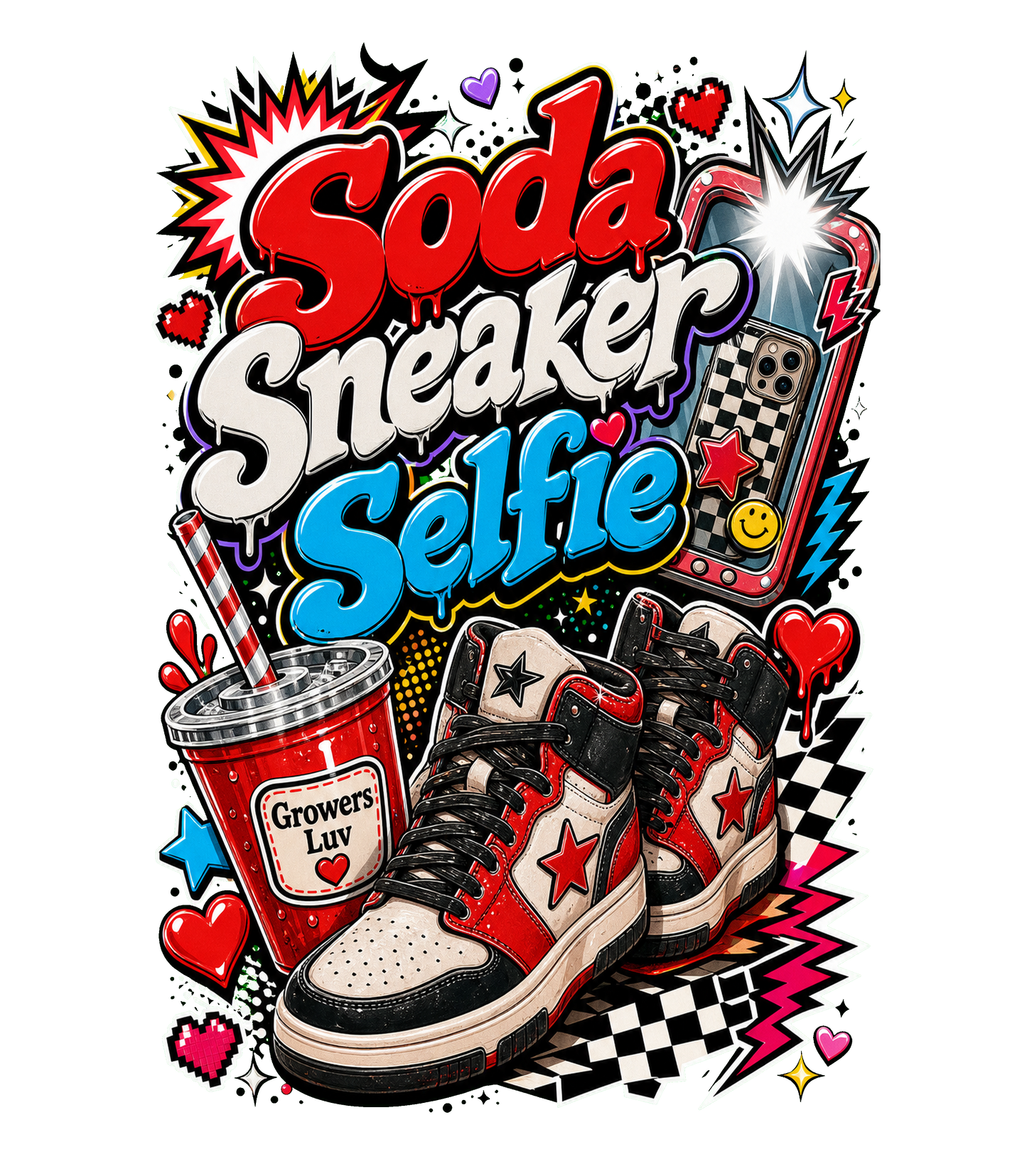 Soda Sneaker Selfie Women's Bella Canvas Graphic Tee artwork detail