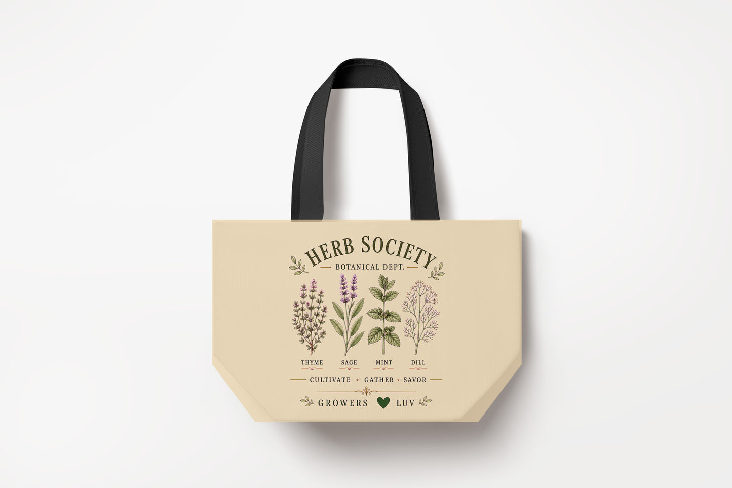 Herb Society Botanical Dept Large Natural Tote Bag product mockup on natural tote bag