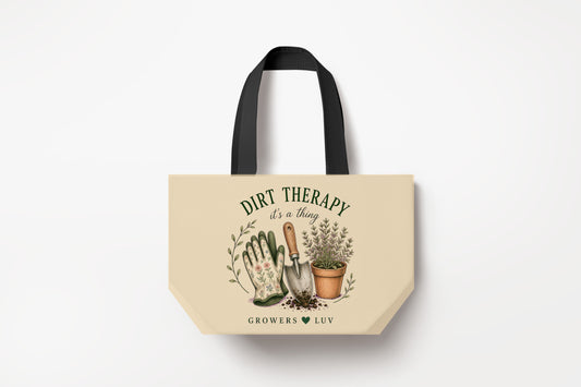 Dirt Therapy Large Natural Tote Bag product mockup on natural tote bag