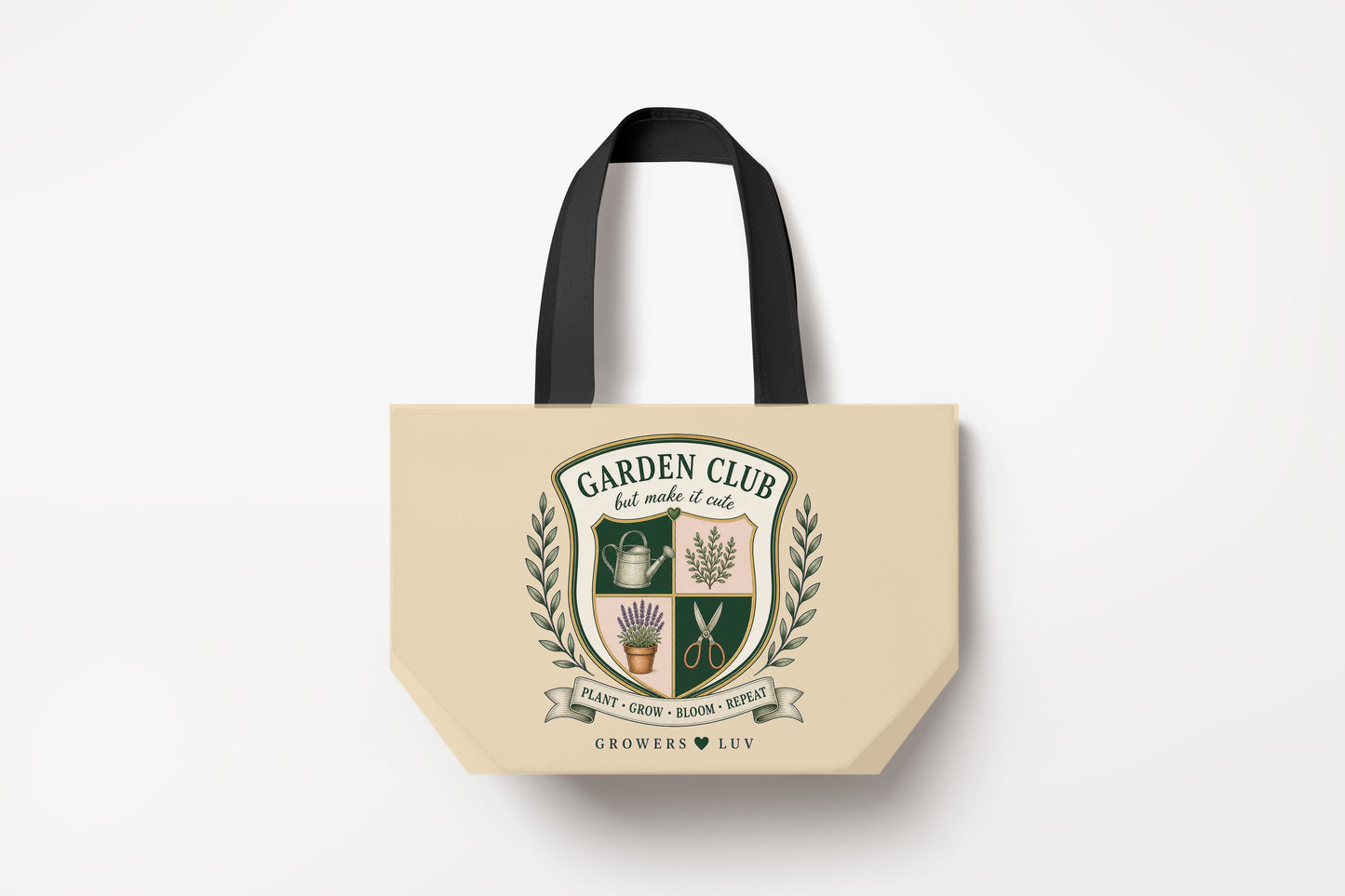 Garden Club Crest Large Natural Tote Bag product mockup on natural tote bag