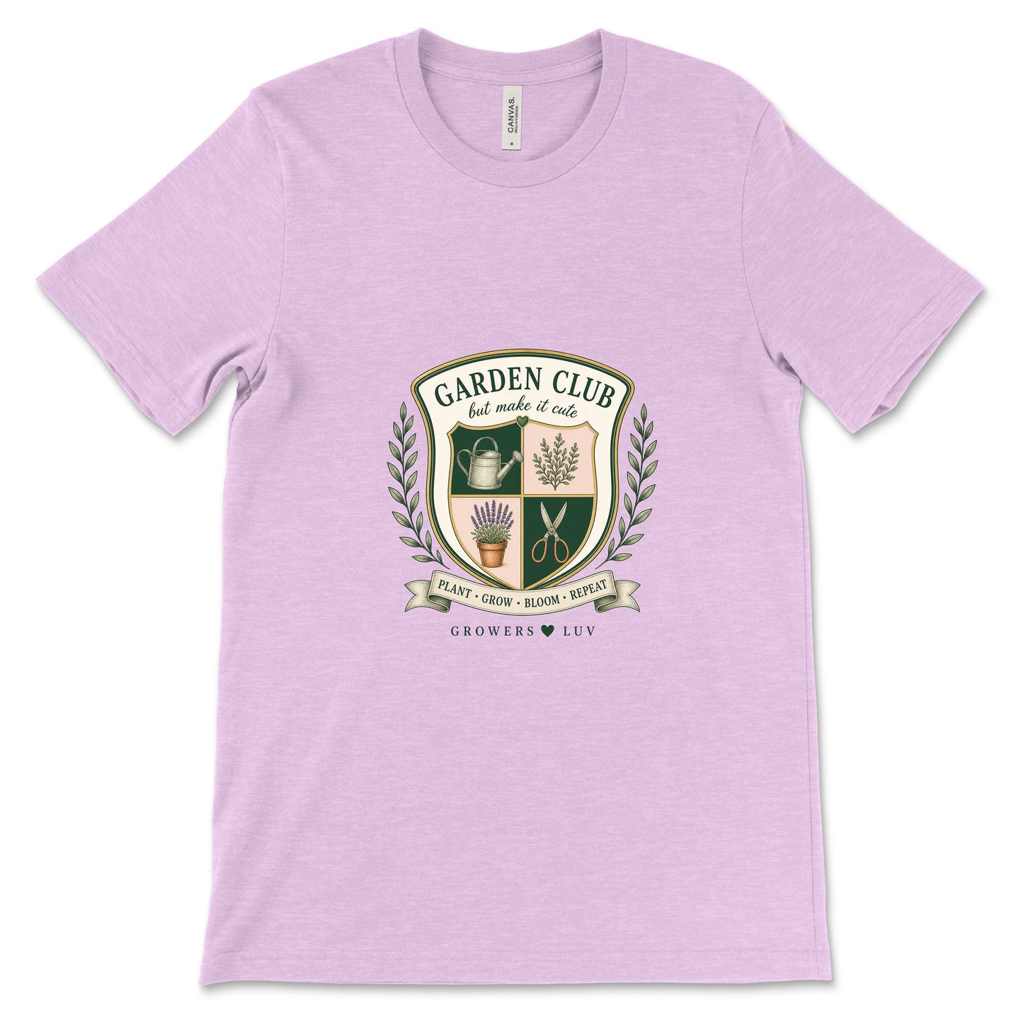 Garden Club Crest Women's Bella Canvas Graphic Tee in Heather Prism Lilac