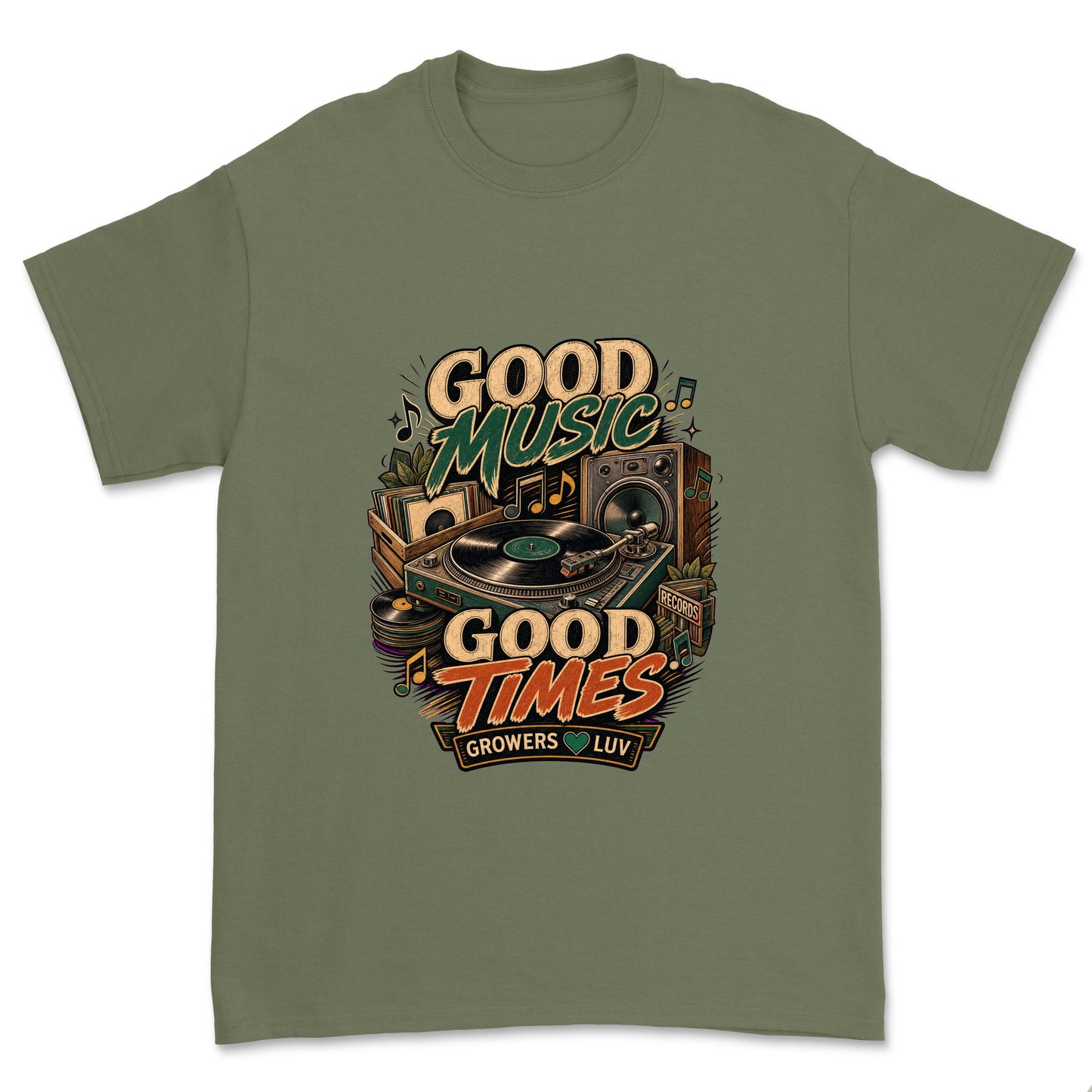 Good Music Good Times Men's Gildan Graphic Tee in Military Green