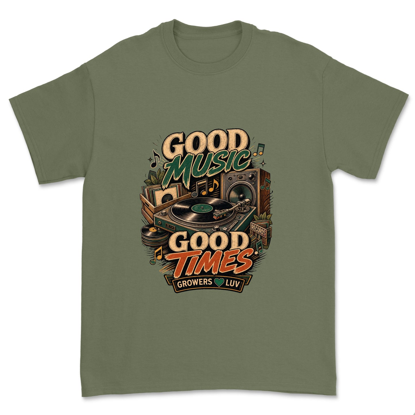 Good Music Good Times Men's Gildan Graphic Tee in Military Green