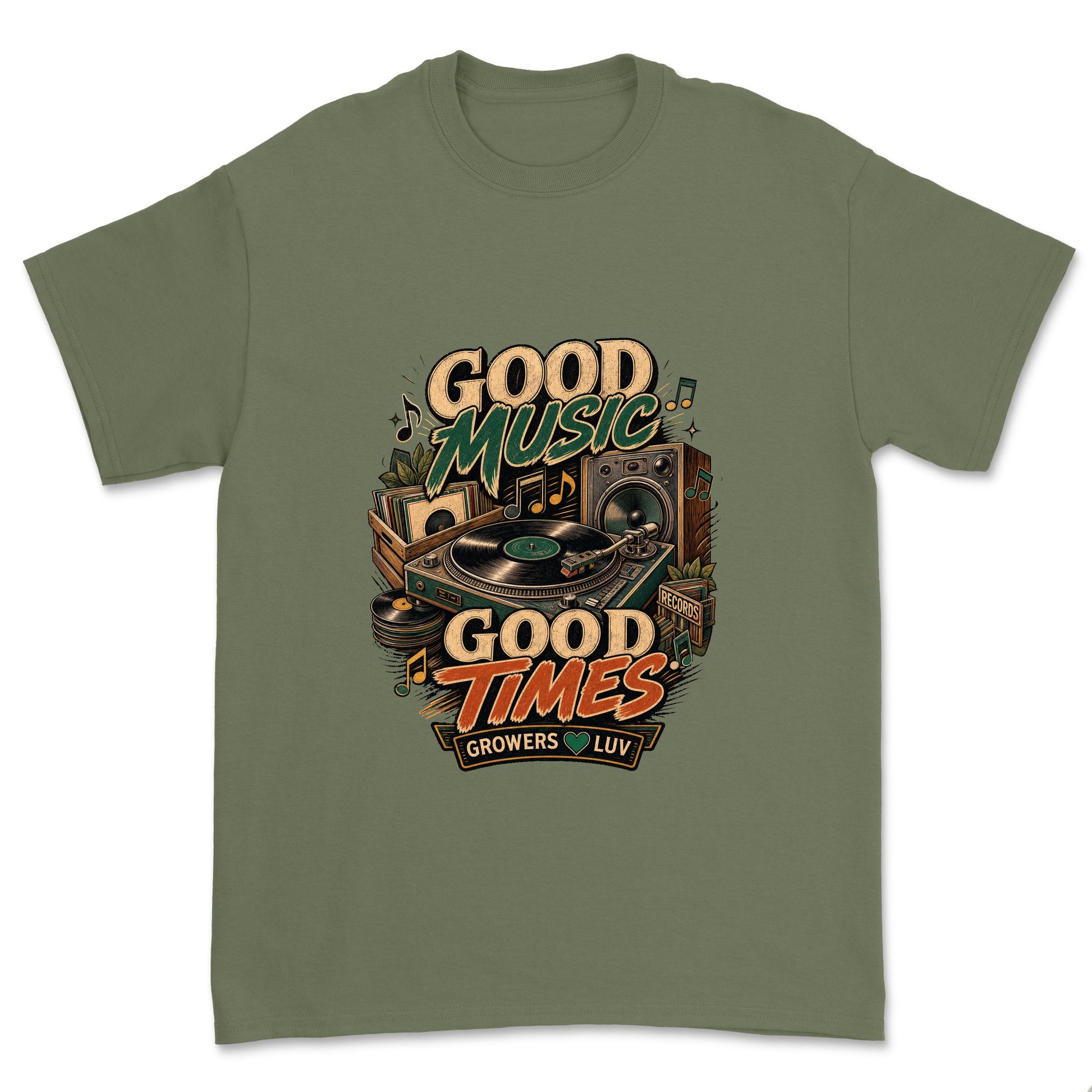 Good Music Good Times Men's Gildan Graphic Tee in Military Green