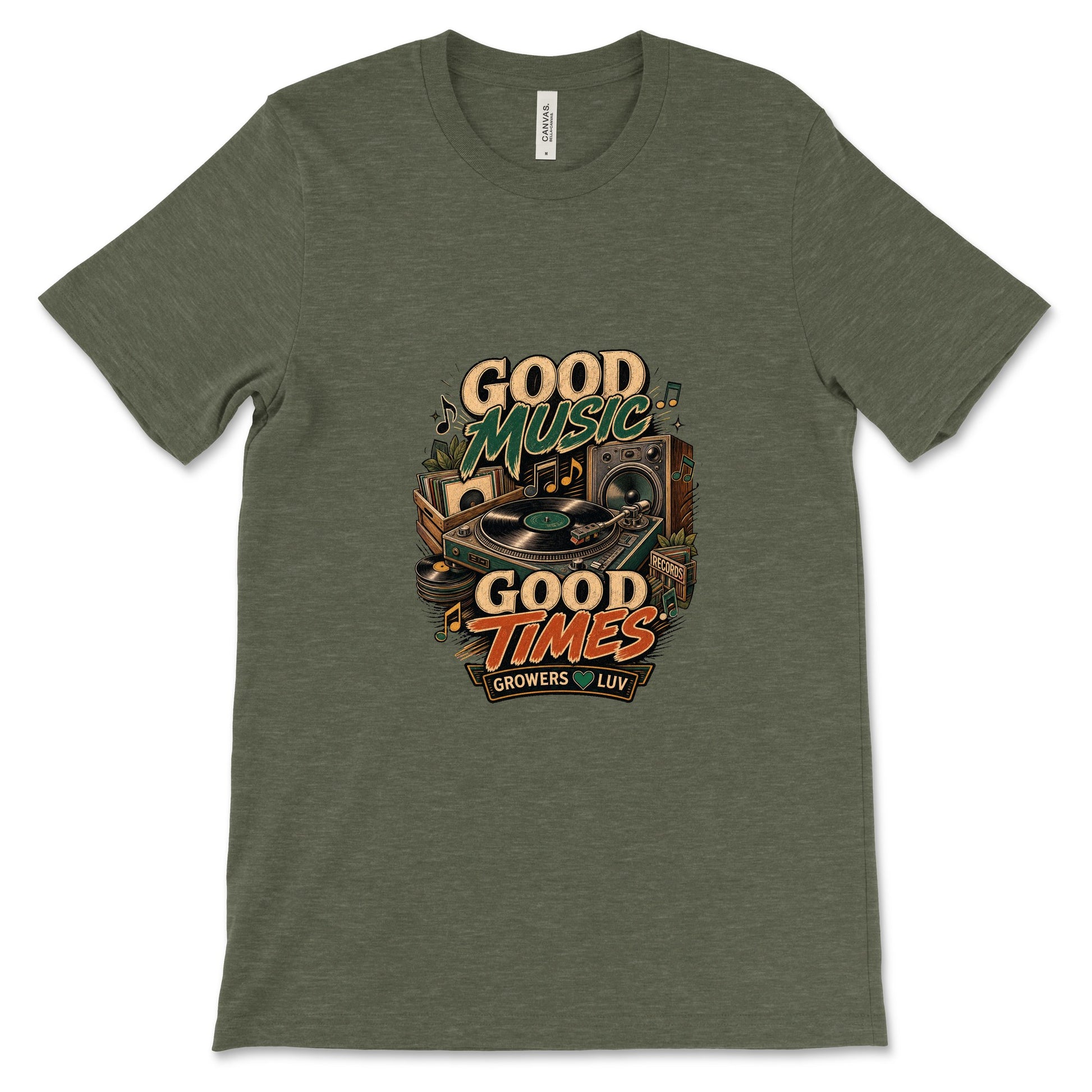 Good Music Good Times Women's Bella Canvas Graphic Tee in Heather Military Green