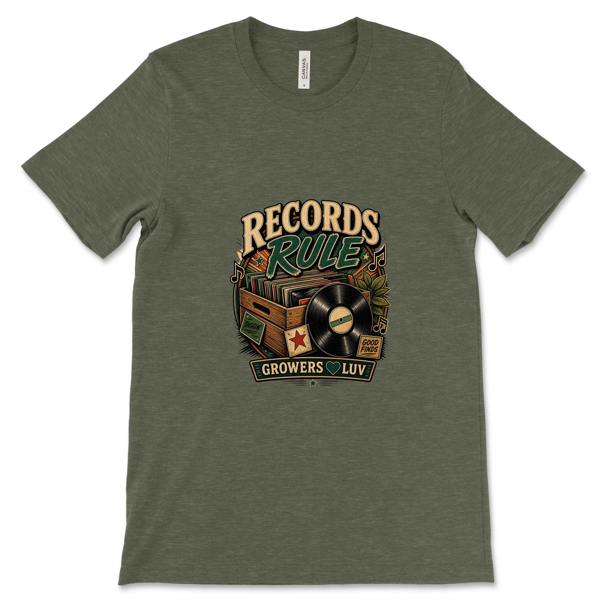 Records Rule Women's Bella Canvas Graphic Tee in Heather Military Green