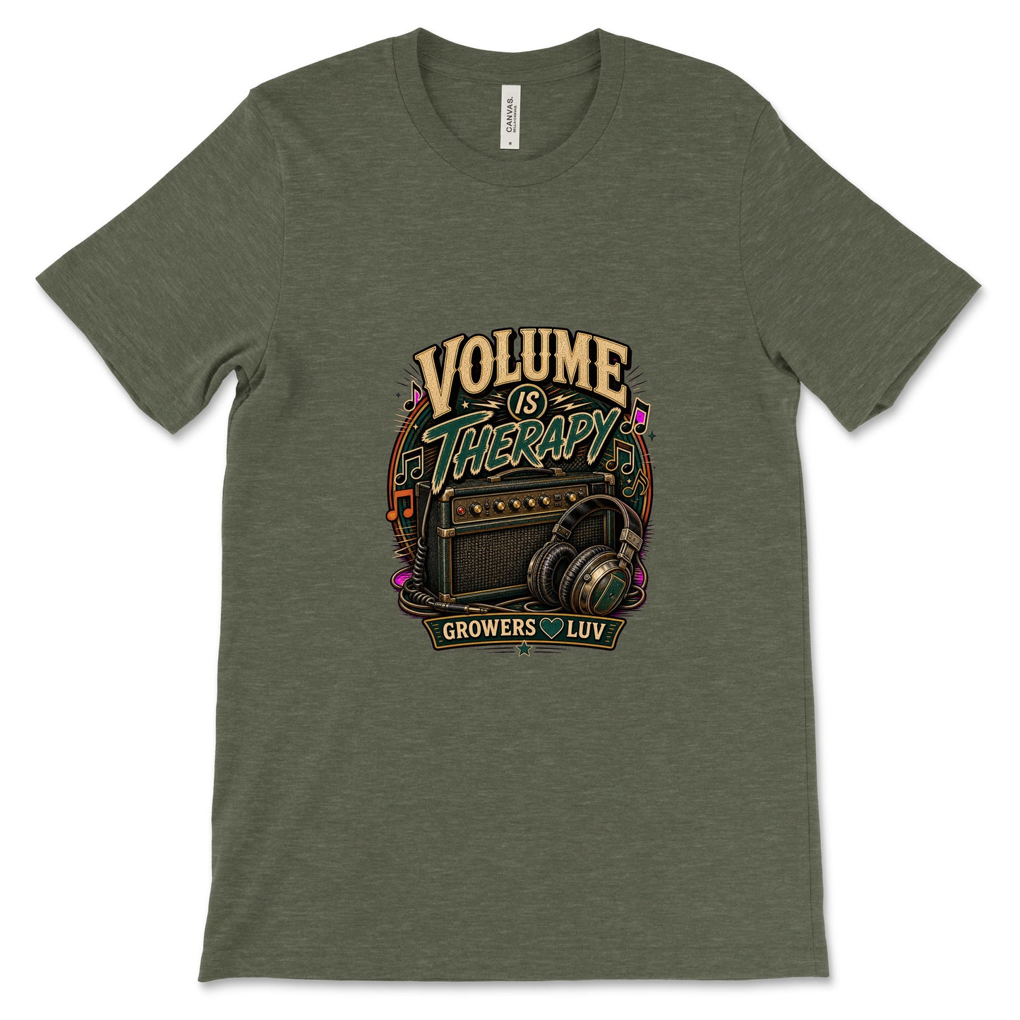Volume Is Therapy Women's Bella Canvas Graphic Tee in Heather Military Green