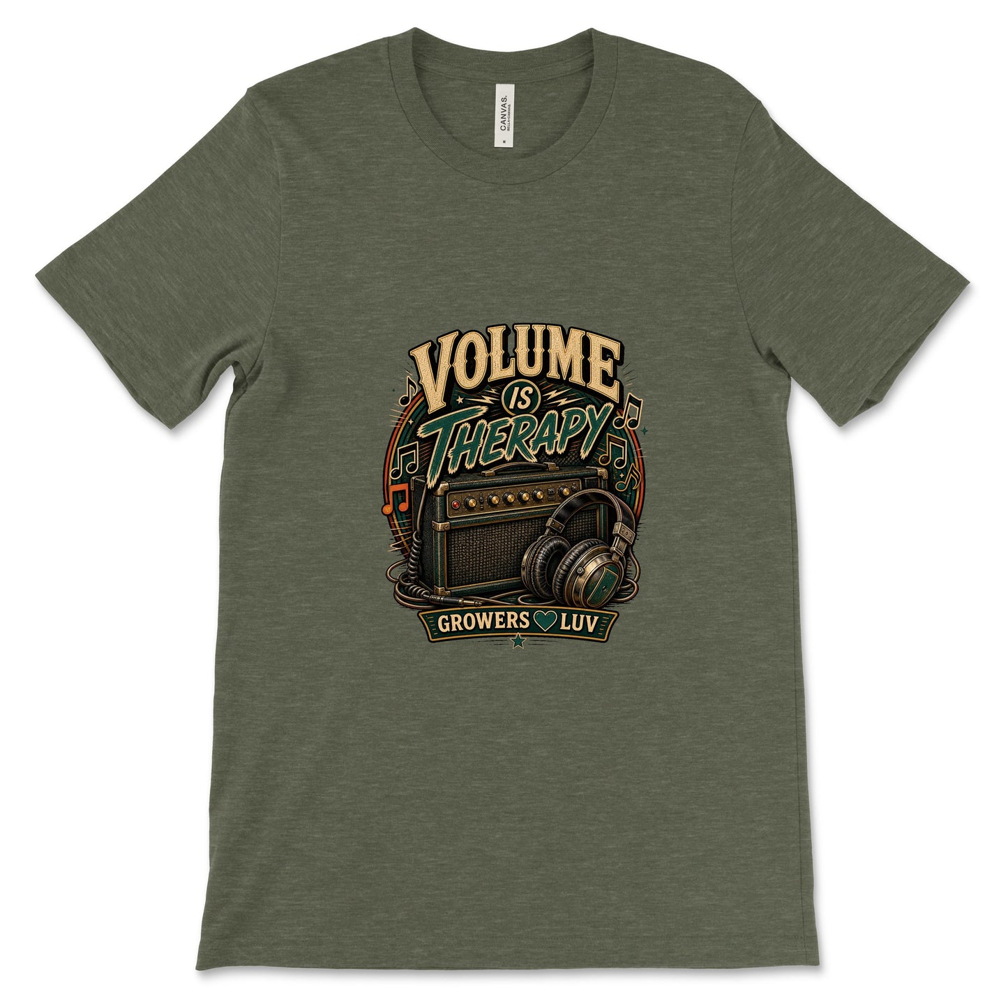 Volume Is Therapy Women's Bella Canvas Graphic Tee in Heather Military Green