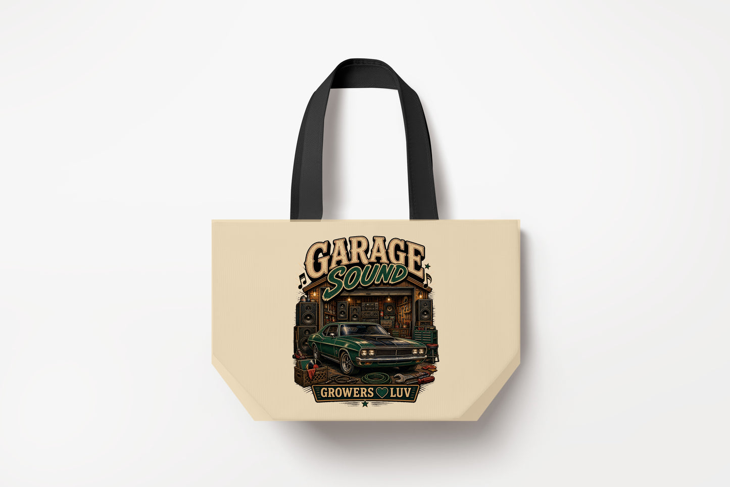Garage Sound Large Natural Tote Bag product mockup on natural tote bag