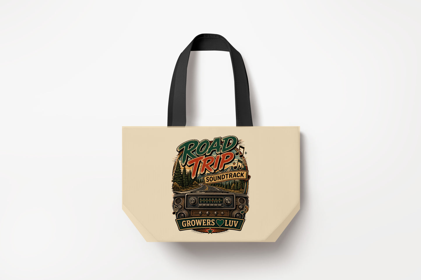 Road Trip Soundtrack Large Natural Tote Bag product mockup on natural tote bag