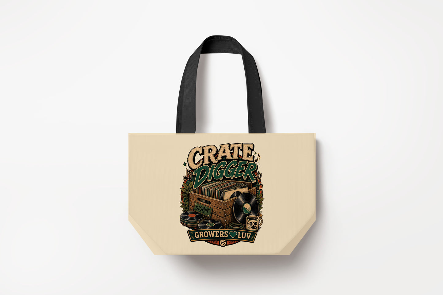 Crate Digger Large Natural Tote Bag product mockup on natural tote bag