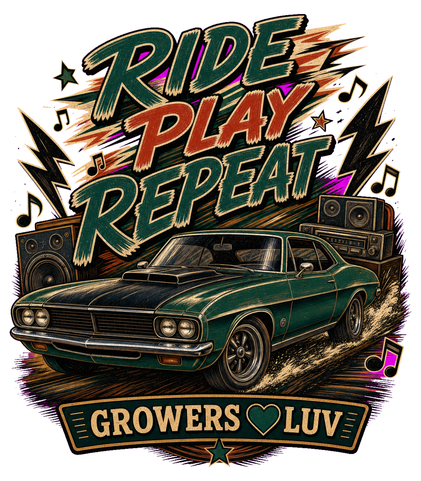 Ride Play Repeat Women's Bella Canvas Graphic Tee artwork detail