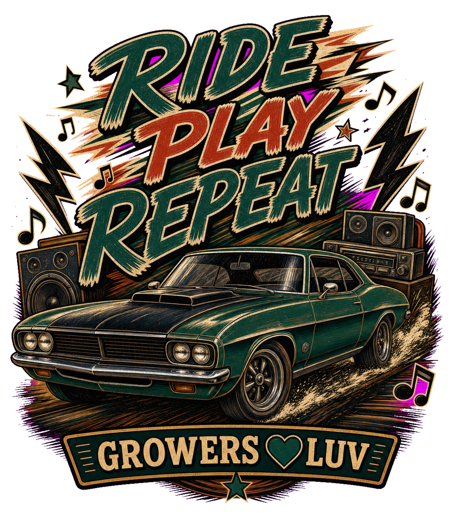 Ride Play Repeat Women's Bella Canvas Graphic Tee artwork detail