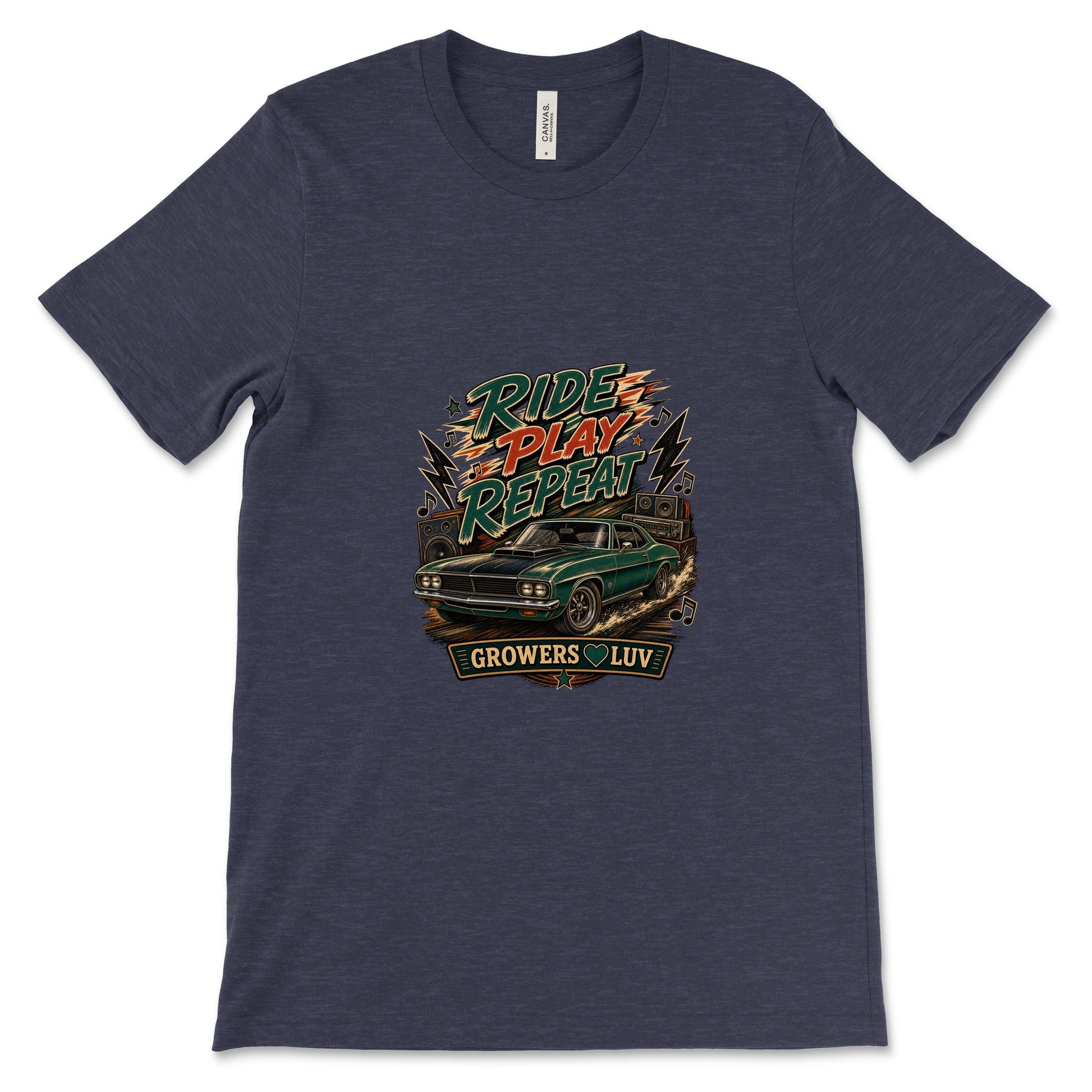 Ride Play Repeat Women's Bella Canvas Graphic Tee in Heather Midnight Navy
