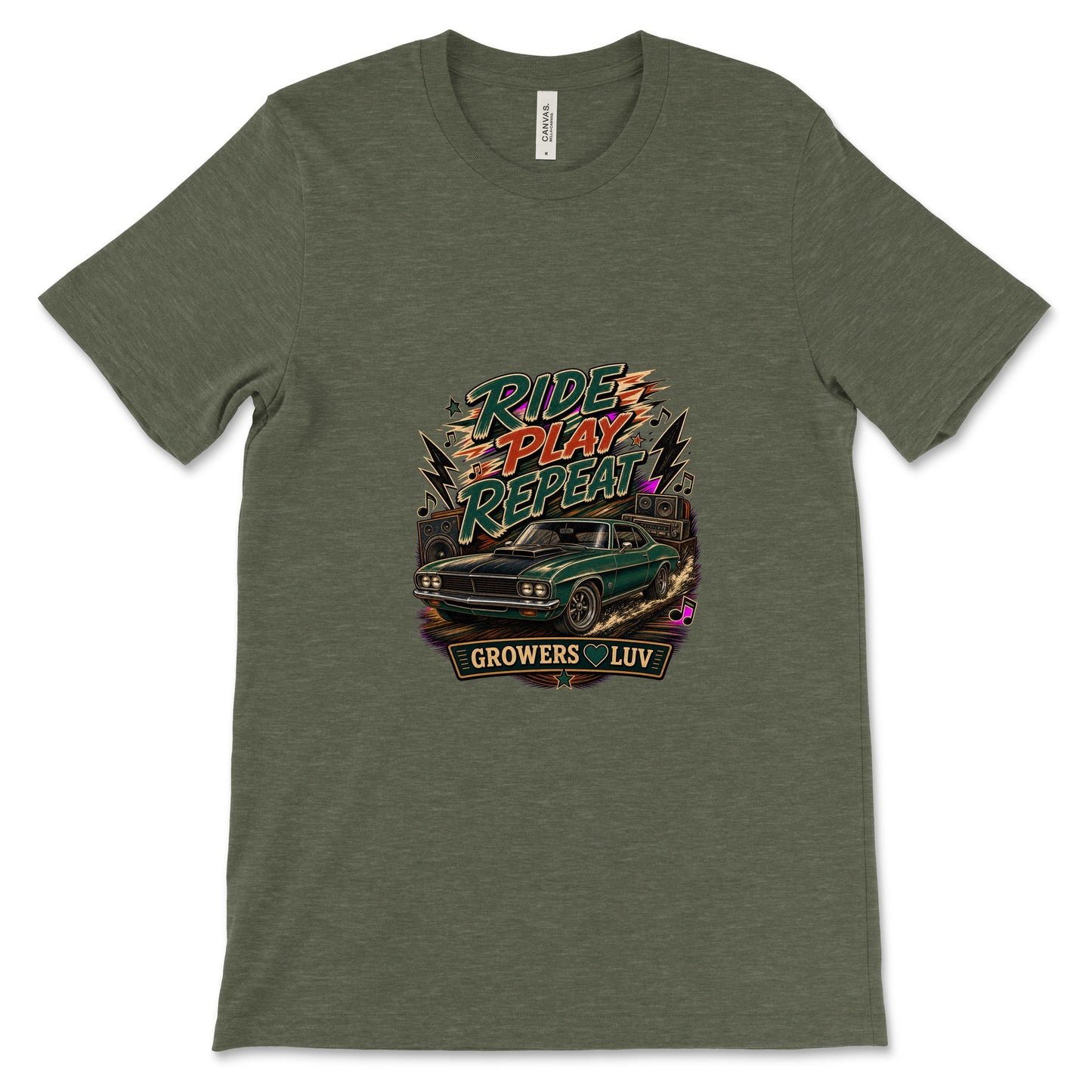 Ride Play Repeat Women's Bella Canvas Graphic Tee in Heather Military Green