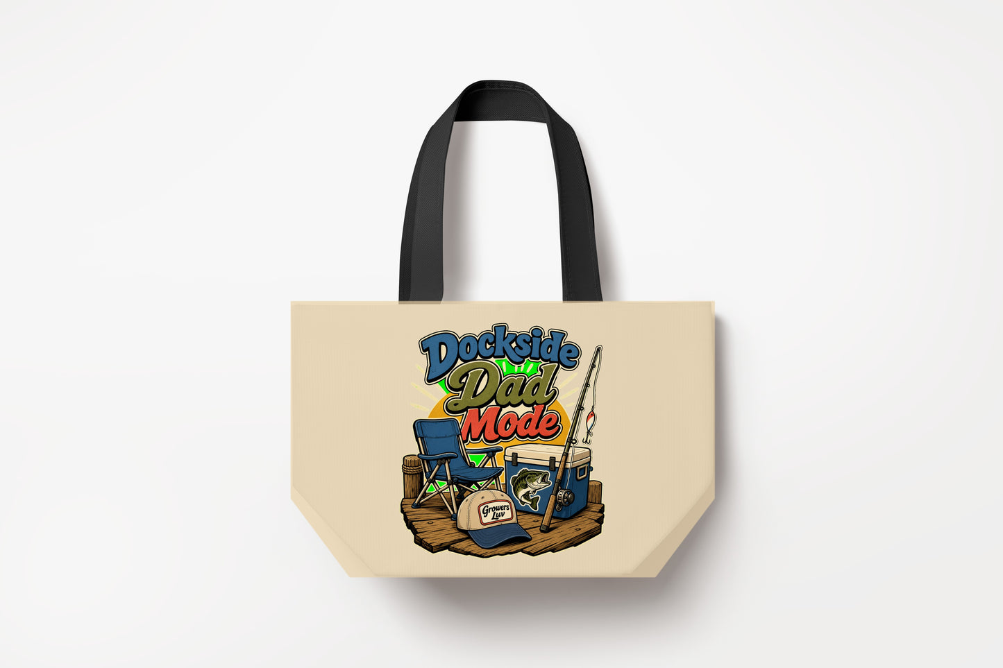 Dockside Dad Mode Large Natural Tote Bag product mockup on natural tote bag