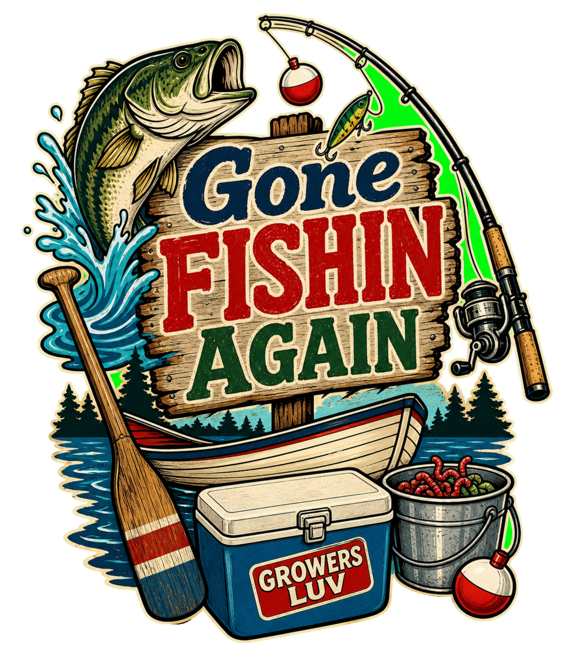 Gone Fishin Again Men's Gildan Graphic Tee artwork detail