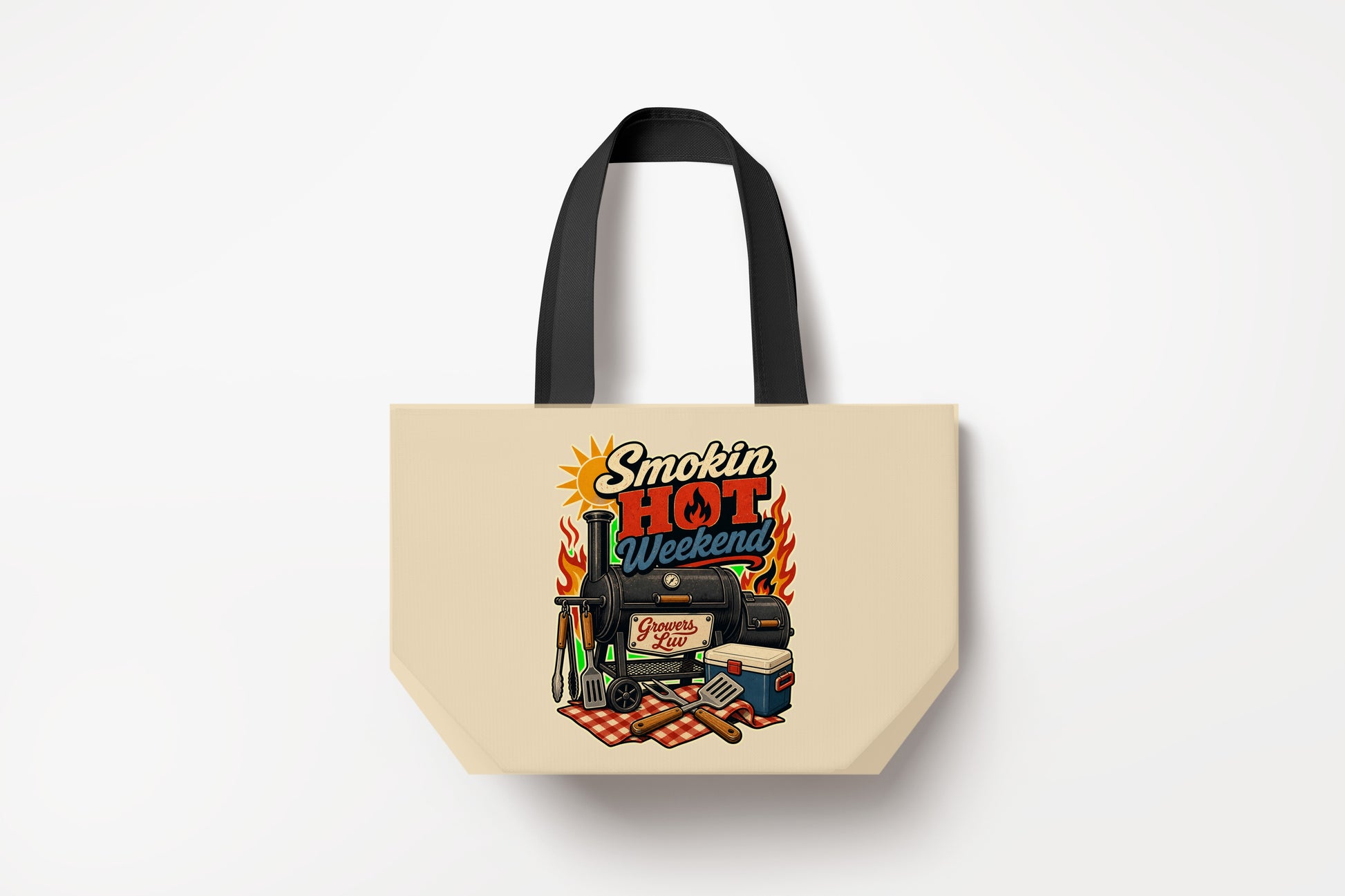 Smokin Hot Weekend Large Natural Tote Bag product mockup on natural tote bag
