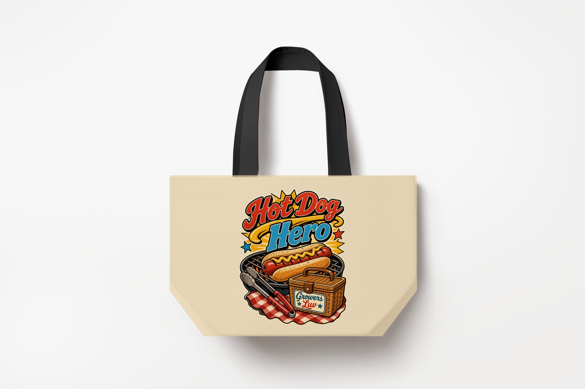 Hot Dog Hero Large Natural Tote Bag product mockup on natural tote bag