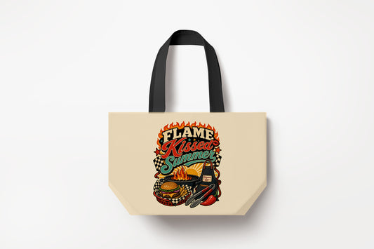 Flame Kissed Summer Large Natural Tote Bag product mockup on natural tote bag