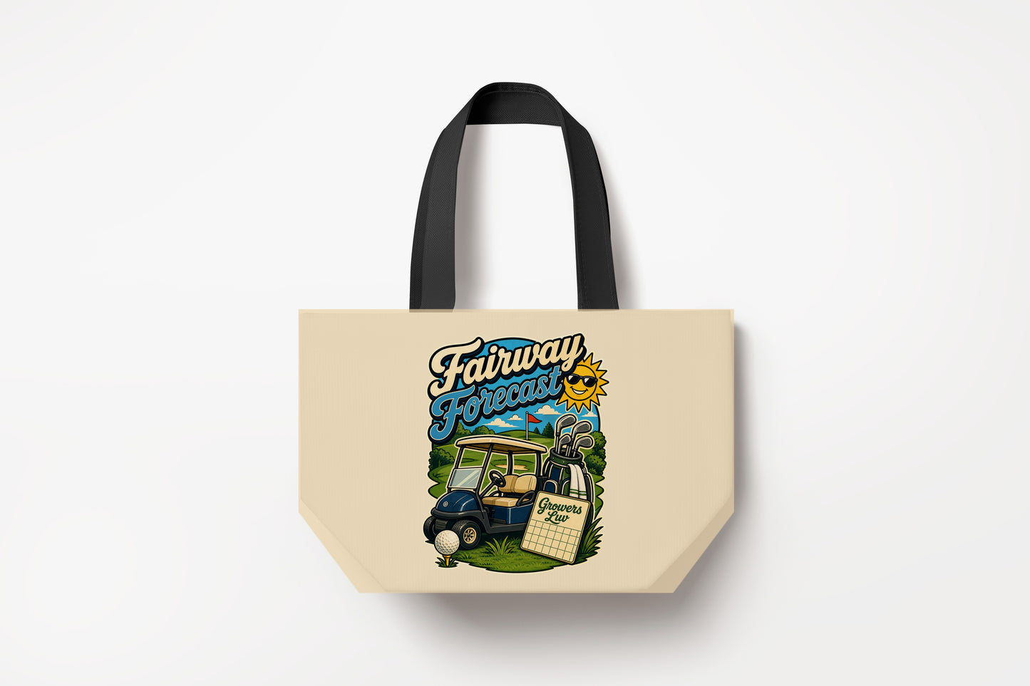 Fairway Forecast Large Natural Tote Bag product mockup on natural tote bag