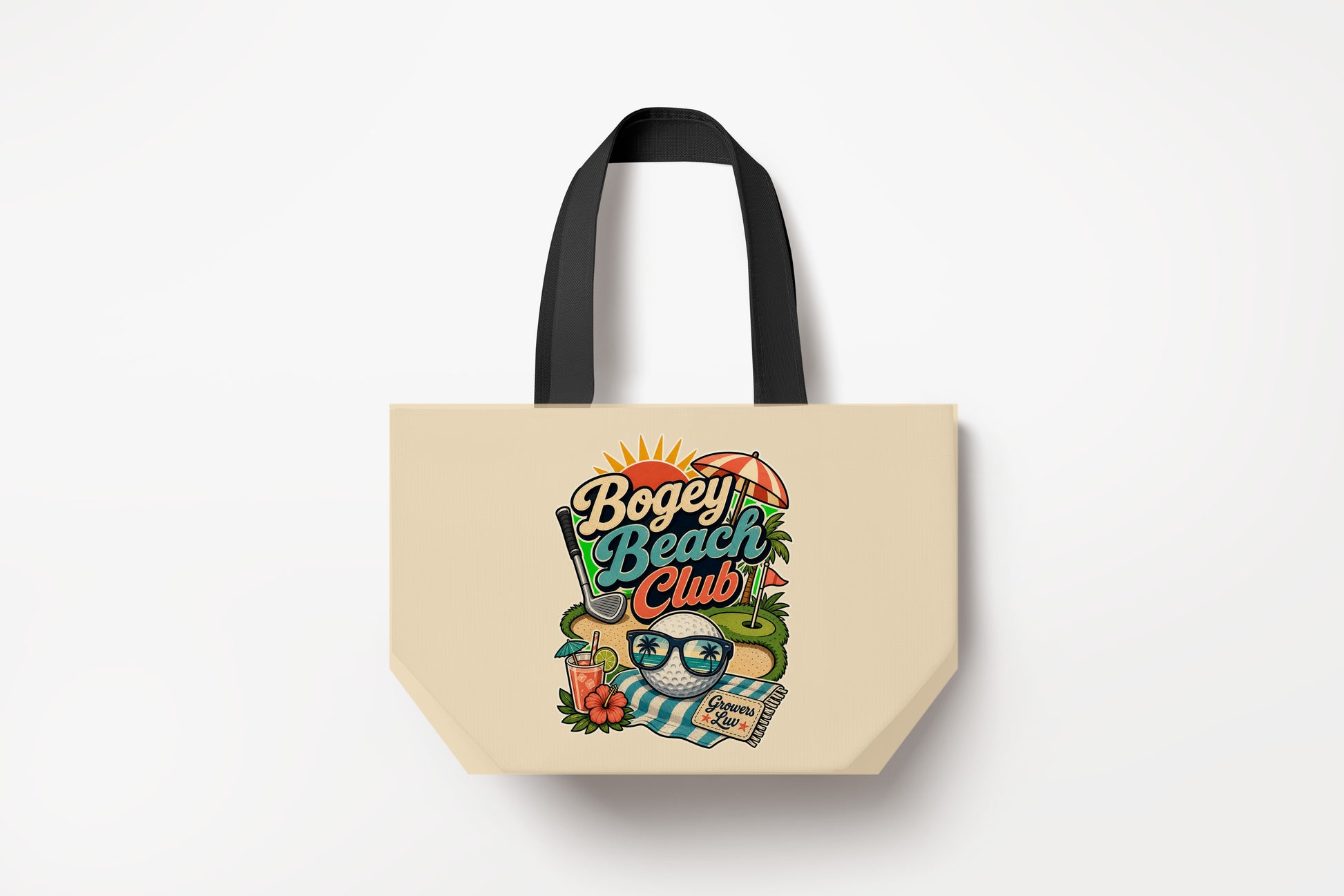 Bogey Beach Club Large Natural Tote Bag product mockup on natural tote bag