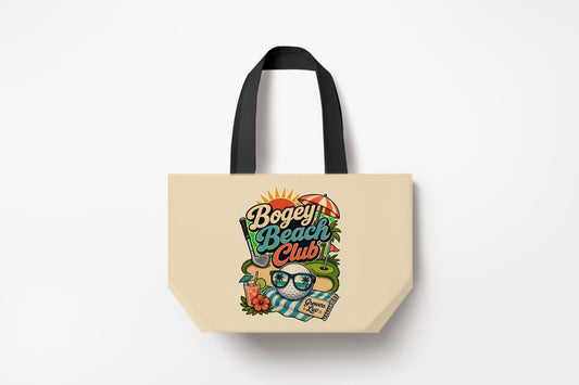 Bogey Beach Club Large Natural Tote Bag product mockup on natural tote bag