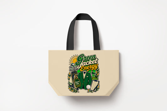 Green Jacket Energy Large Natural Tote Bag product mockup on natural tote bag