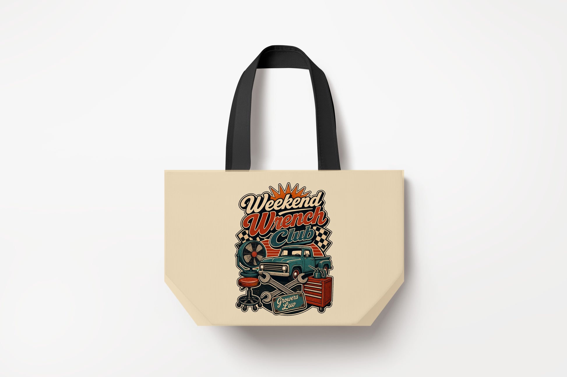 Weekend Wrench Club Large Natural Tote Bag product mockup on natural tote bag