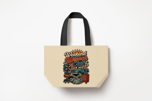 Weekend Wrench Club Large Natural Tote Bag product mockup on natural tote bag