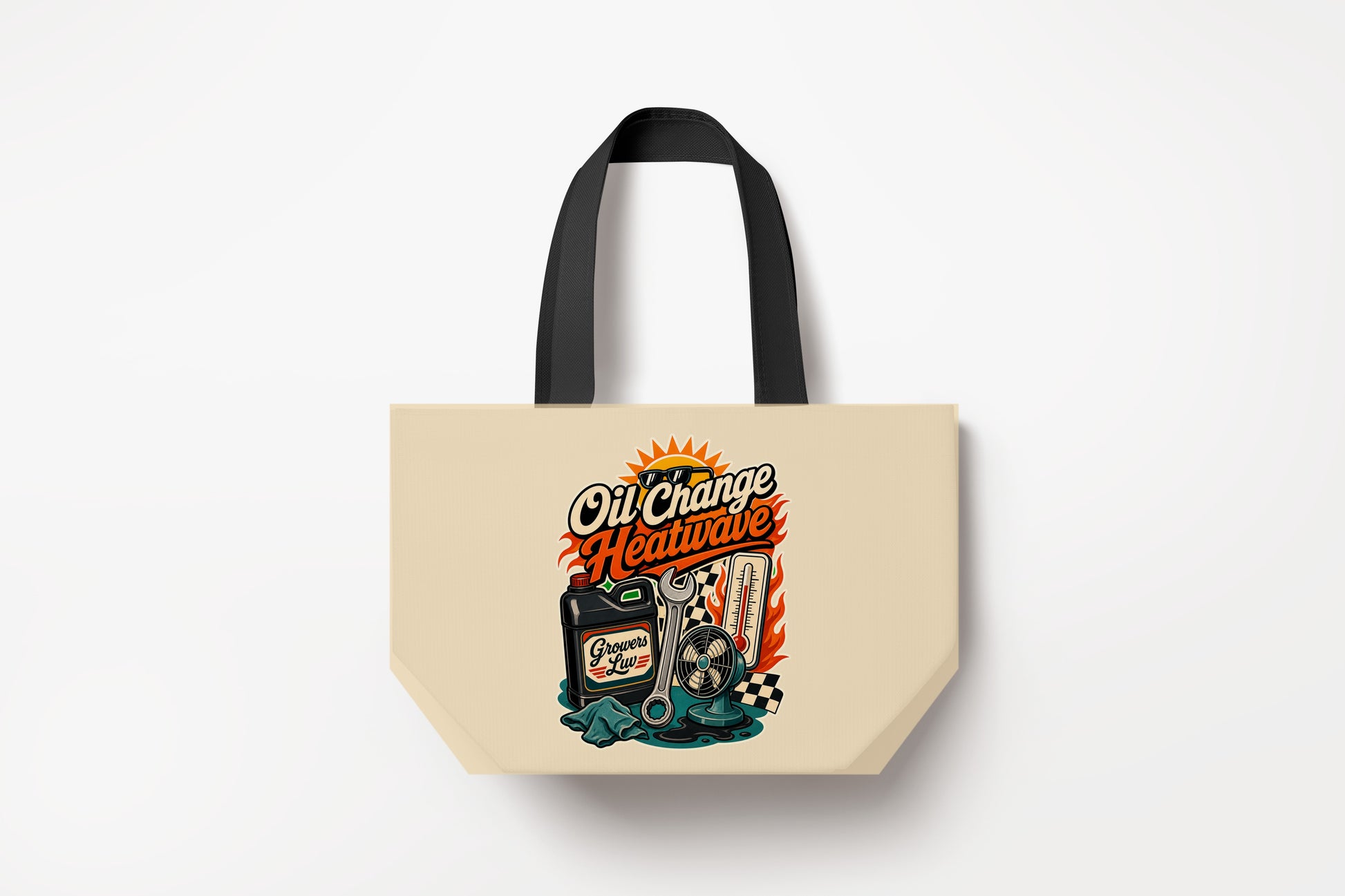 Oil Change Heatwave Large Natural Tote Bag product mockup on natural tote bag